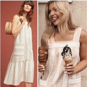 ANTHROPOLOGIE Maeve Tonal Striped Midi Dress Ivory Tan Sleeveless Pockets sz M